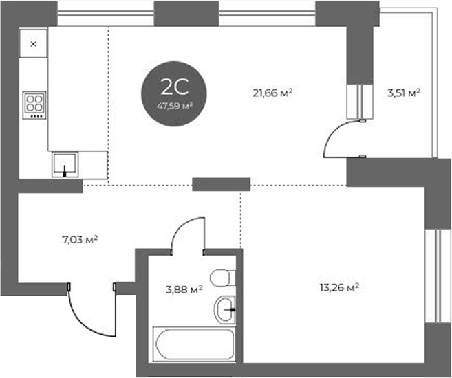 Планировка 2е-к.кв 45.83 м² в ЖК «Квартал на Российской»