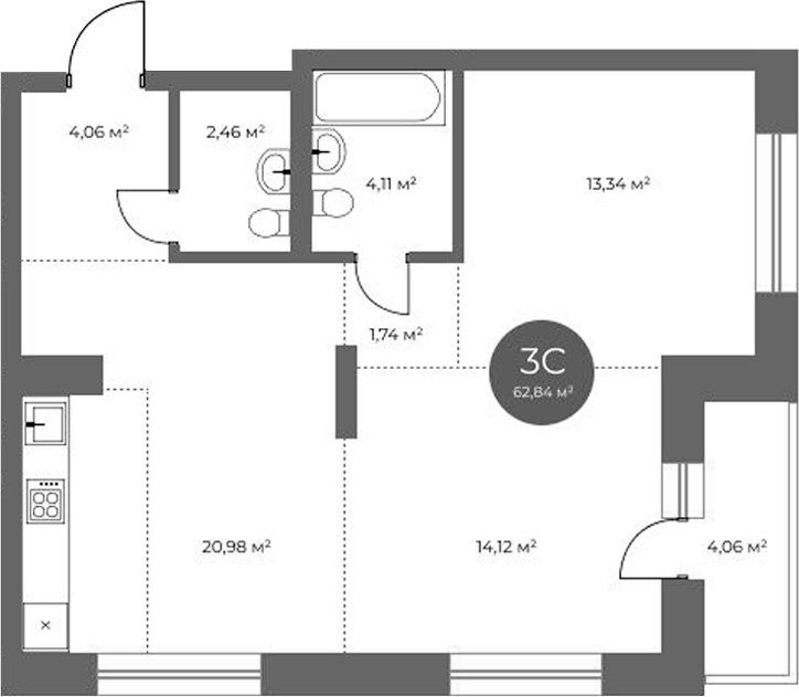 Планировка 3е-к.кв 60.81 м² в ЖК «Квартал на Российской»