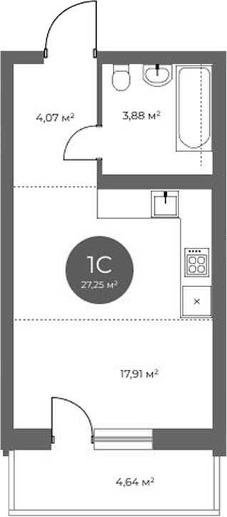 Планировка студии 25.86 м² в ЖК «Квартал на Российской»