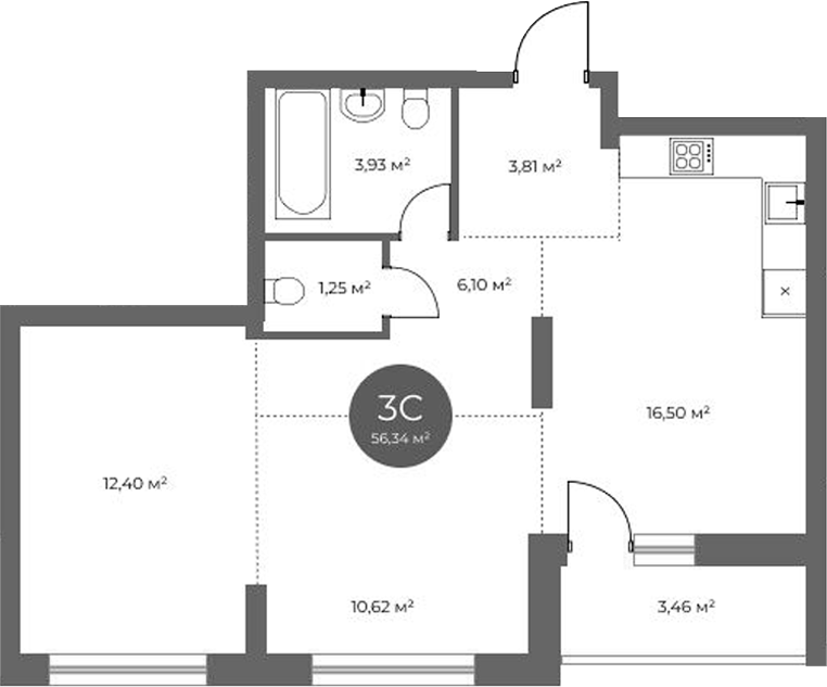 Планировка 3е-к.кв 54.61 м² в ЖК «Квартал на Российской»