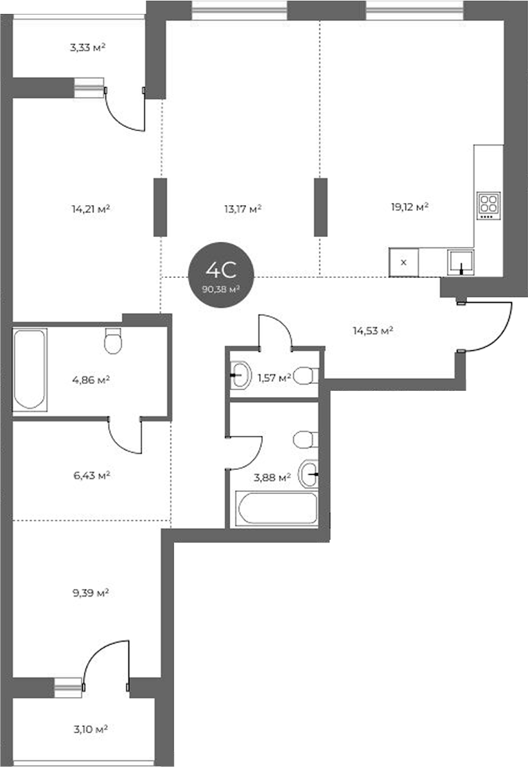 Планировка 4е-к.кв 87.16 м² в ЖК «Квартал на Российской»