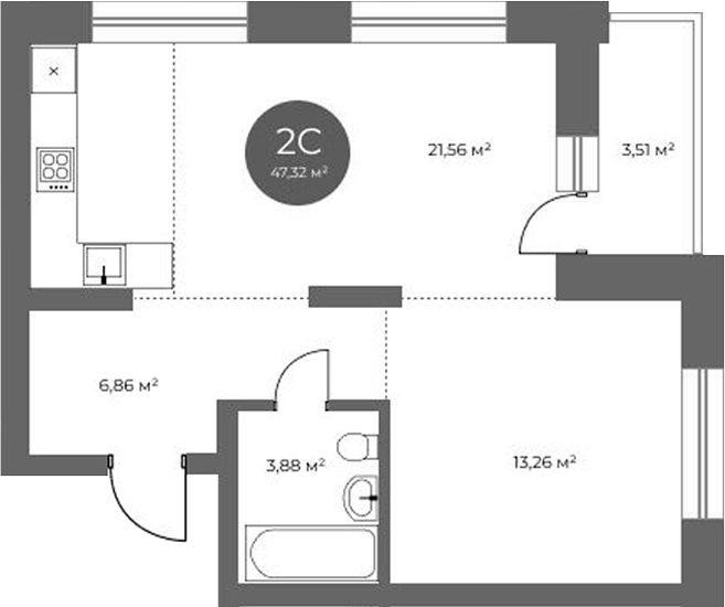 Планировка 2е-к.кв 45.56 м² в ЖК «Квартал на Российской»