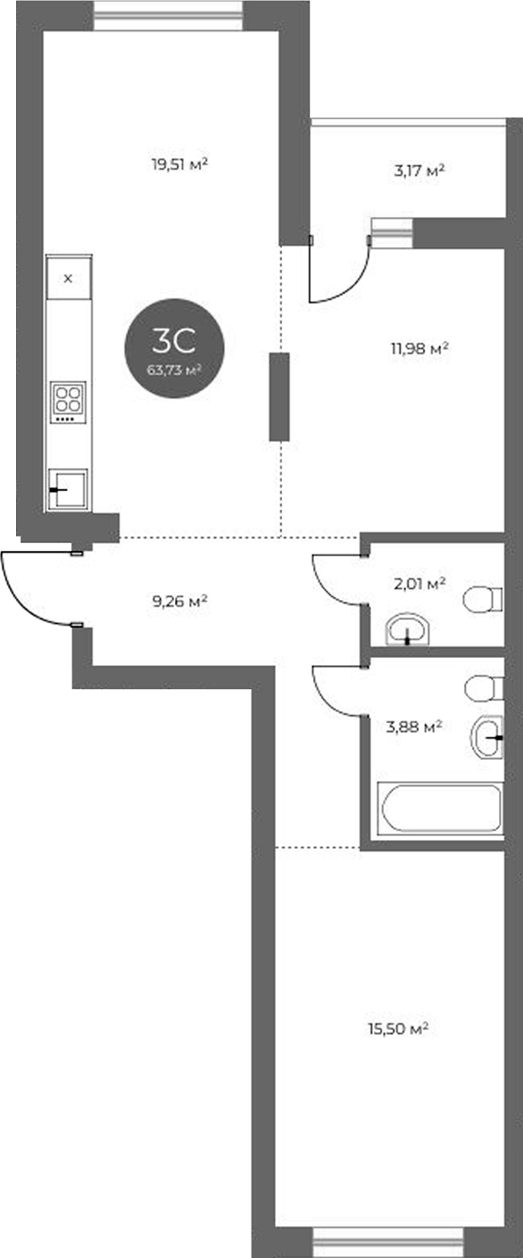 Планировка 3е-к.кв 62.14 м² в ЖК «Квартал на Российской»