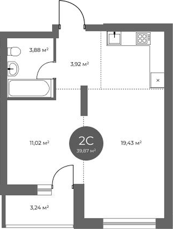 Планировка 2е-к.кв 38.25 м² в ЖК «Квартал на Российской»