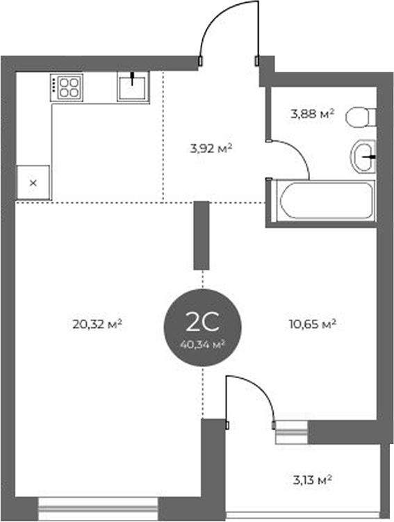 Планировка 2е-к.кв 38.77 м² в ЖК «Квартал на Российской»