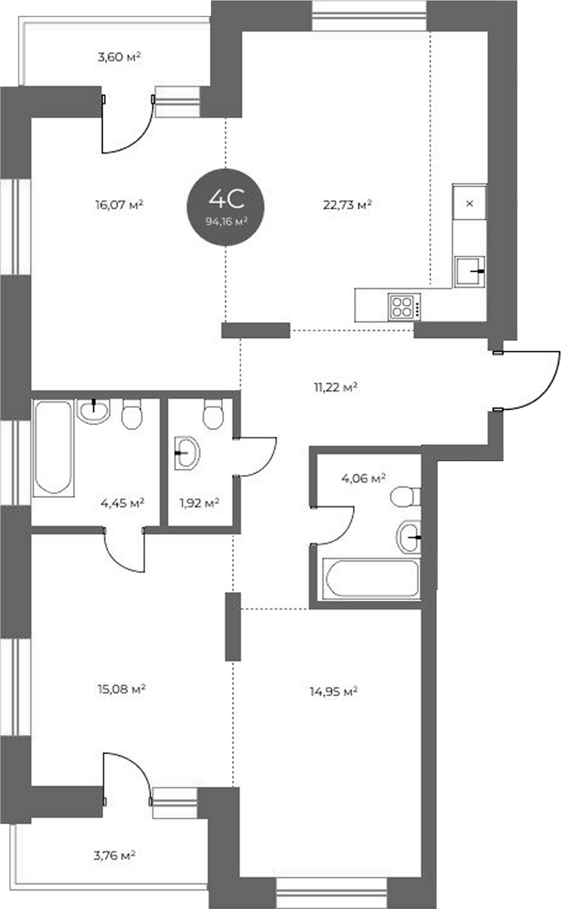 Планировка 4е-к.кв 90.48 м² в ЖК «Квартал на Российской»