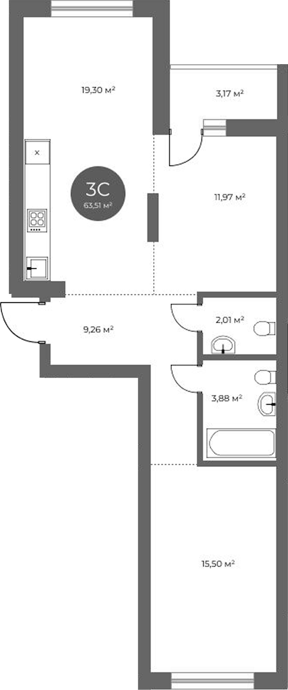 Планировка 3е-к.кв 61.92 м² в ЖК «Квартал на Российской»
