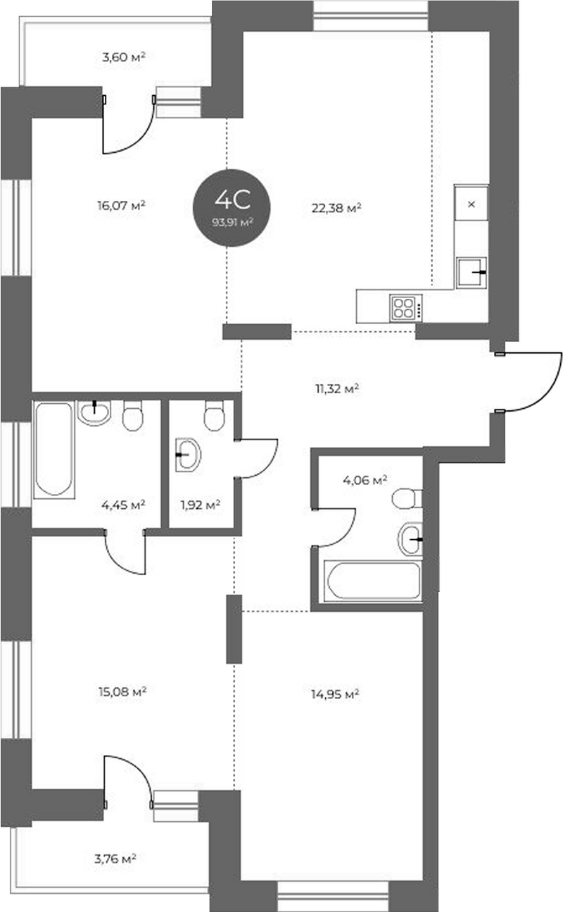 Планировка 4е-к.кв 90.23 м² в ЖК «Квартал на Российской»