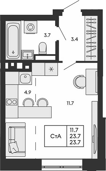 Планировка студии 23.70 м² в ЖК «ГОРИЗОНТ»
