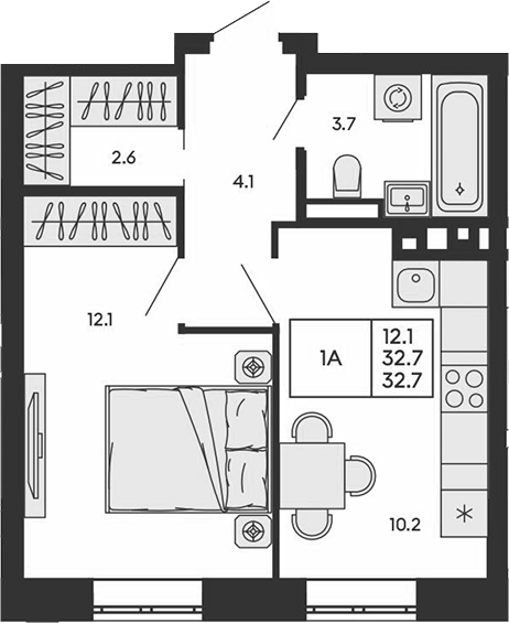 Планировка 1-к.кв 32.70 м² в ЖК «ГОРИЗОНТ»