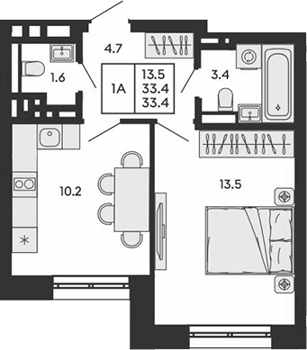 Планировка 1-к.кв 33.40 м² в ЖК «ГОРИЗОНТ»