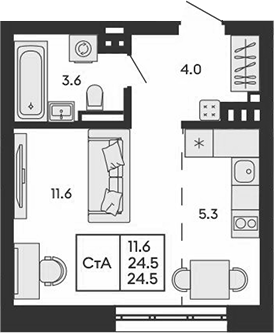 Планировка студии 24.50 м² в ЖК «ГОРИЗОНТ»