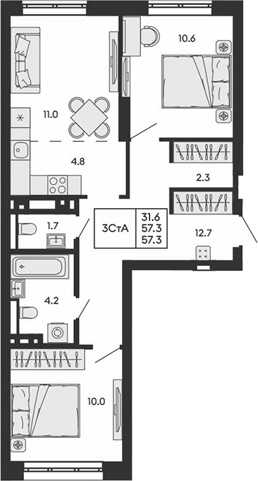 Планировка 3е-к.кв 57.30 м² в ЖК «ГОРИЗОНТ»