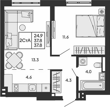 Планировка 2е-к.кв 37.80 м² в ЖК «ГОРИЗОНТ»