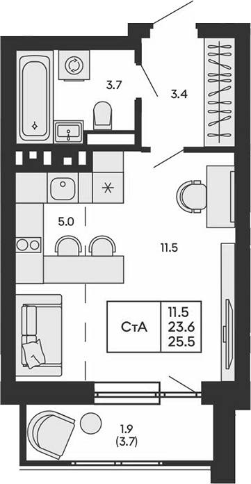 Планировка студии 23.60 м² в ЖК «ГОРИЗОНТ»