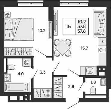 Планировка 1-к.кв 37.80 м² в ЖК «ГОРИЗОНТ»
