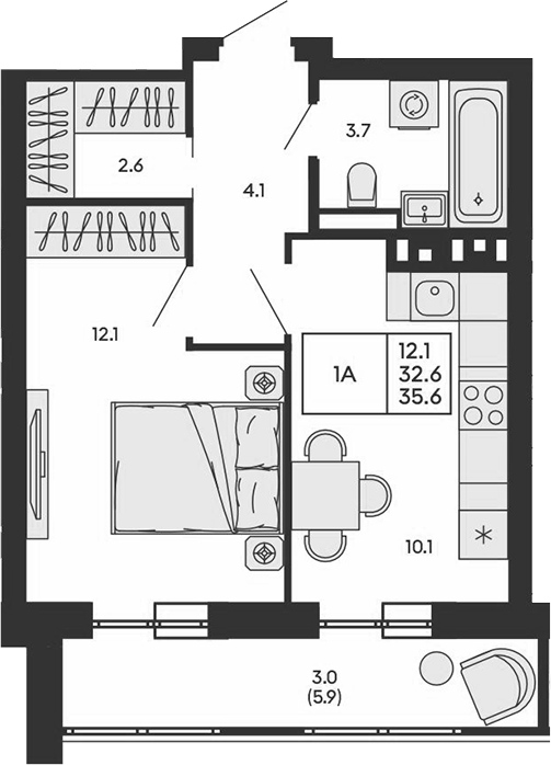 Планировка 1-к.кв 32.60 м² в ЖК «ГОРИЗОНТ»