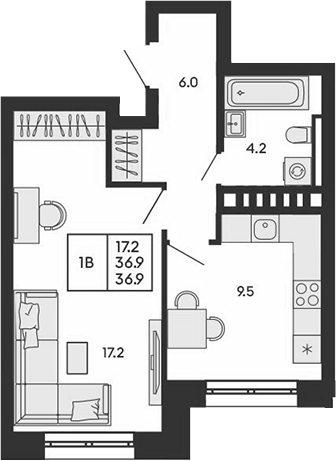 Планировка 1-к.кв 36.90 м² в ЖК «ГОРИЗОНТ»