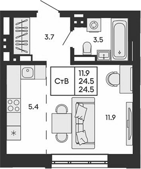 Планировка студии 24.50 м² в ЖК «ГОРИЗОНТ»