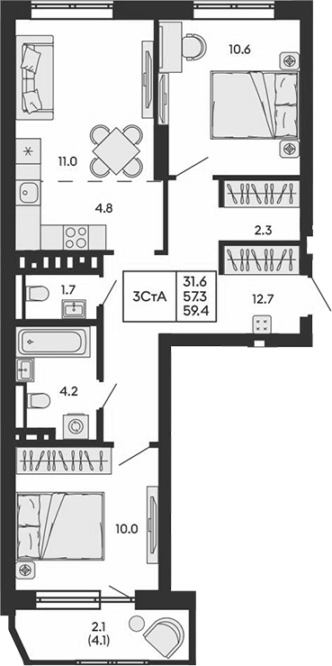 Планировка 3е-к.кв 57.30 м² в ЖК «ГОРИЗОНТ»