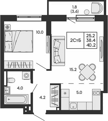 Планировка 2е-к.кв 38.40 м² в ЖК «ГОРИЗОНТ»
