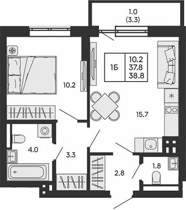 Планировка 1-к.кв 37.80 м² в ЖК «ГОРИЗОНТ»