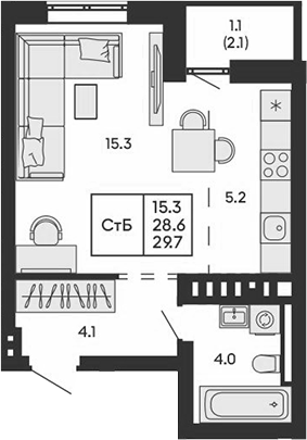 Планировка студии 28.60 м² в ЖК «ГОРИЗОНТ»