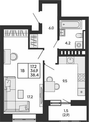 Планировка 1-к.кв 36.90 м² в ЖК «ГОРИЗОНТ»