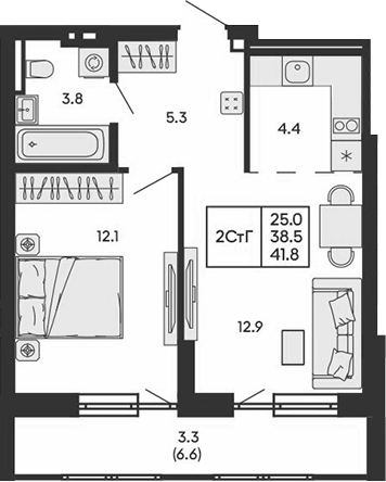 Планировка 2е-к.кв 38.50 м² в ЖК «ГОРИЗОНТ»
