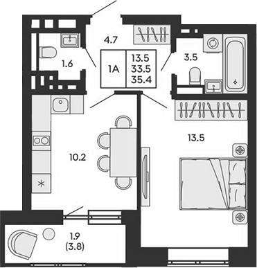 Планировка 1-к.кв 33.50 м² в ЖК «ГОРИЗОНТ»