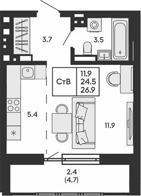 Планировка студии 24.50 м² в ЖК «ГОРИЗОНТ»