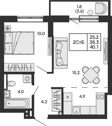Планировка 2е-к.кв 38.30 м² в ЖК «ГОРИЗОНТ»