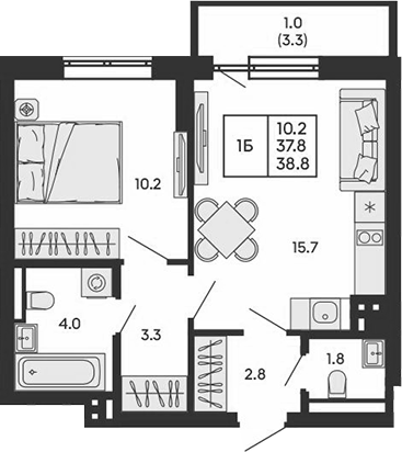 Планировка 1-к.кв 37.80 м² в ЖК «ГОРИЗОНТ»
