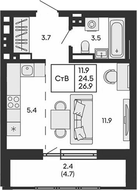 Планировка студии 24.50 м² в ЖК «ГОРИЗОНТ»