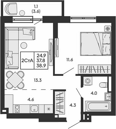 Планировка 2е-к.кв 37.80 м² в ЖК «ГОРИЗОНТ»