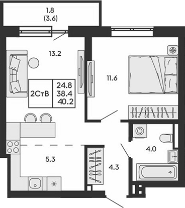 Планировка 2е-к.кв 38.40 м² в ЖК «ГОРИЗОНТ»