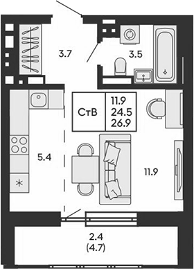 Планировка студии 24.50 м² в ЖК «ГОРИЗОНТ»