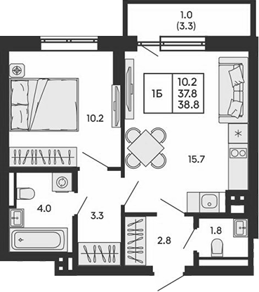 Планировка 1-к.кв 37.80 м² в ЖК «ГОРИЗОНТ»