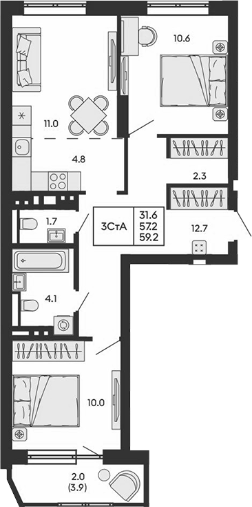 Планировка 3е-к.кв 57.20 м² в ЖК «ГОРИЗОНТ»