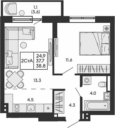 Планировка 2е-к.кв 37.70 м² в ЖК «ГОРИЗОНТ»