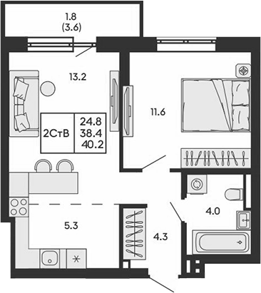 Планировка 2е-к.кв 38.40 м² в ЖК «ГОРИЗОНТ»