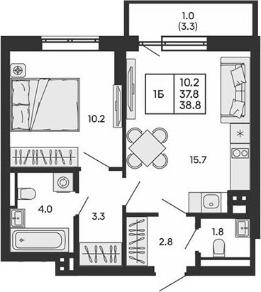 Планировка 1-к.кв 37.80 м² в ЖК «ГОРИЗОНТ»