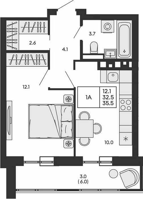 Планировка 1-к.кв 32.50 м² в ЖК «ГОРИЗОНТ»