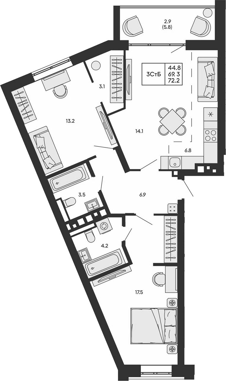 Планировка 3е-к.кв 69.30 м² в ЖК «ГОРИЗОНТ»