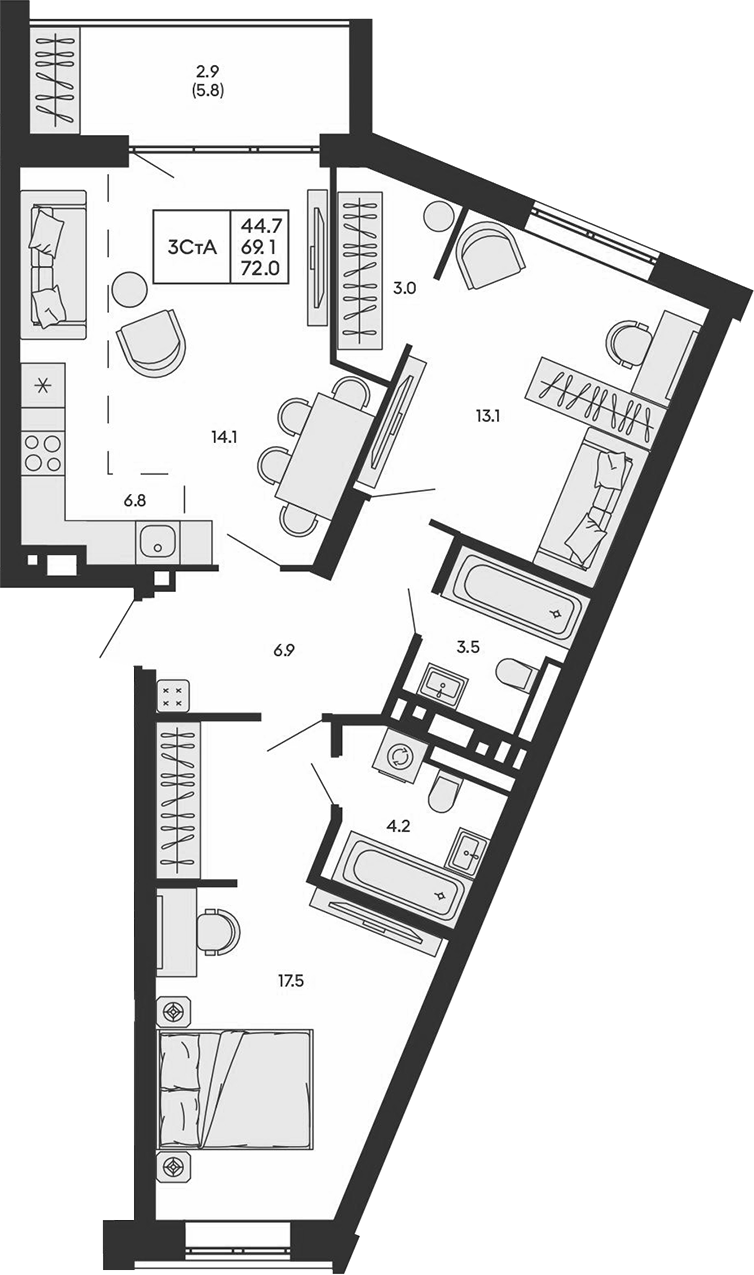Планировка 3е-к.кв 69.10 м² в ЖК «ГОРИЗОНТ»