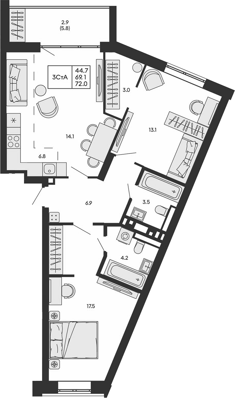 Планировка 3е-к.кв 69.10 м² в ЖК «ГОРИЗОНТ»