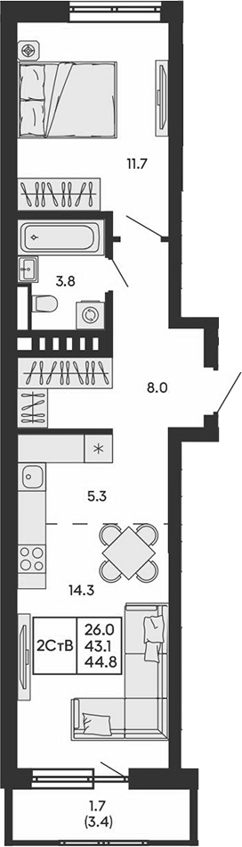 Планировка 2е-к.кв 43.10 м² в ЖК «ГОРИЗОНТ»