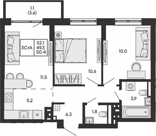 Планировка 3е-к.кв 49.30 м² в ЖК «ГОРИЗОНТ»
