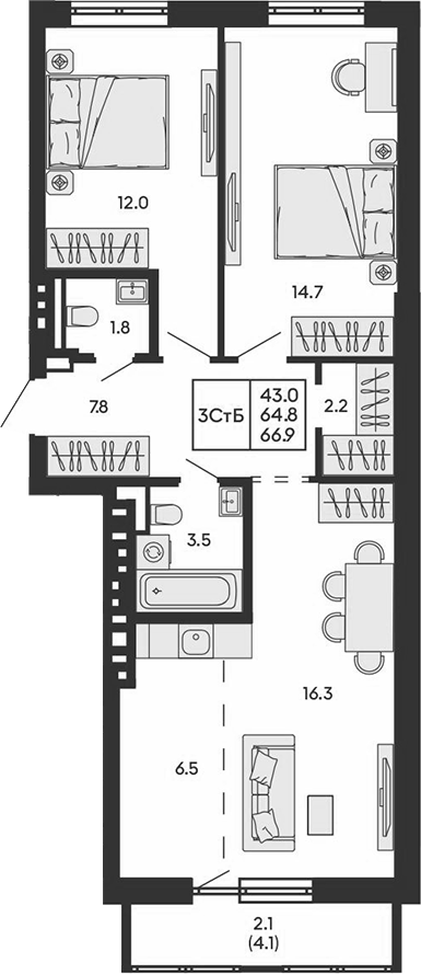 Планировка 3е-к.кв 64.80 м² в ЖК «ГОРИЗОНТ»