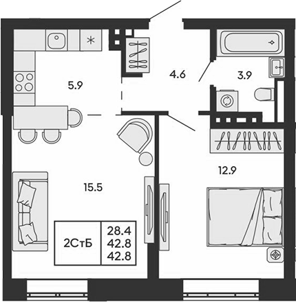 Планировка 2е-к.кв 42.80 м² в ЖК «ГОРИЗОНТ»